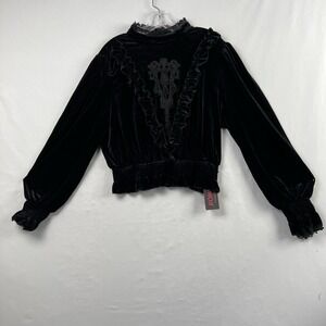 ROMWE Velvet Top 1XL Black Victorian Gothic Witch Ruffled High Neck Crochet NEW